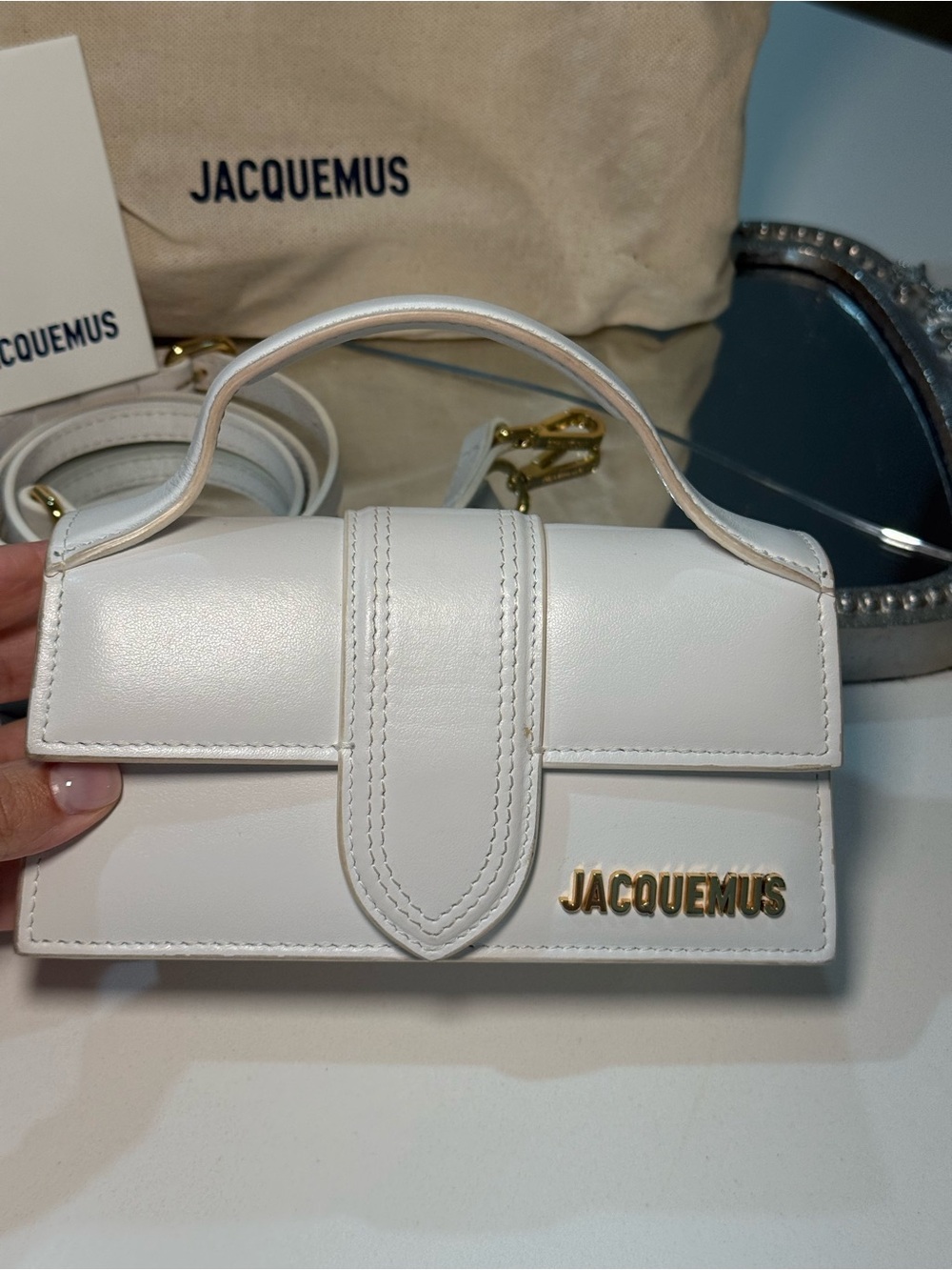 Jacquemus White Mini Le Bambino Top-Handle Bag with Gold Logo